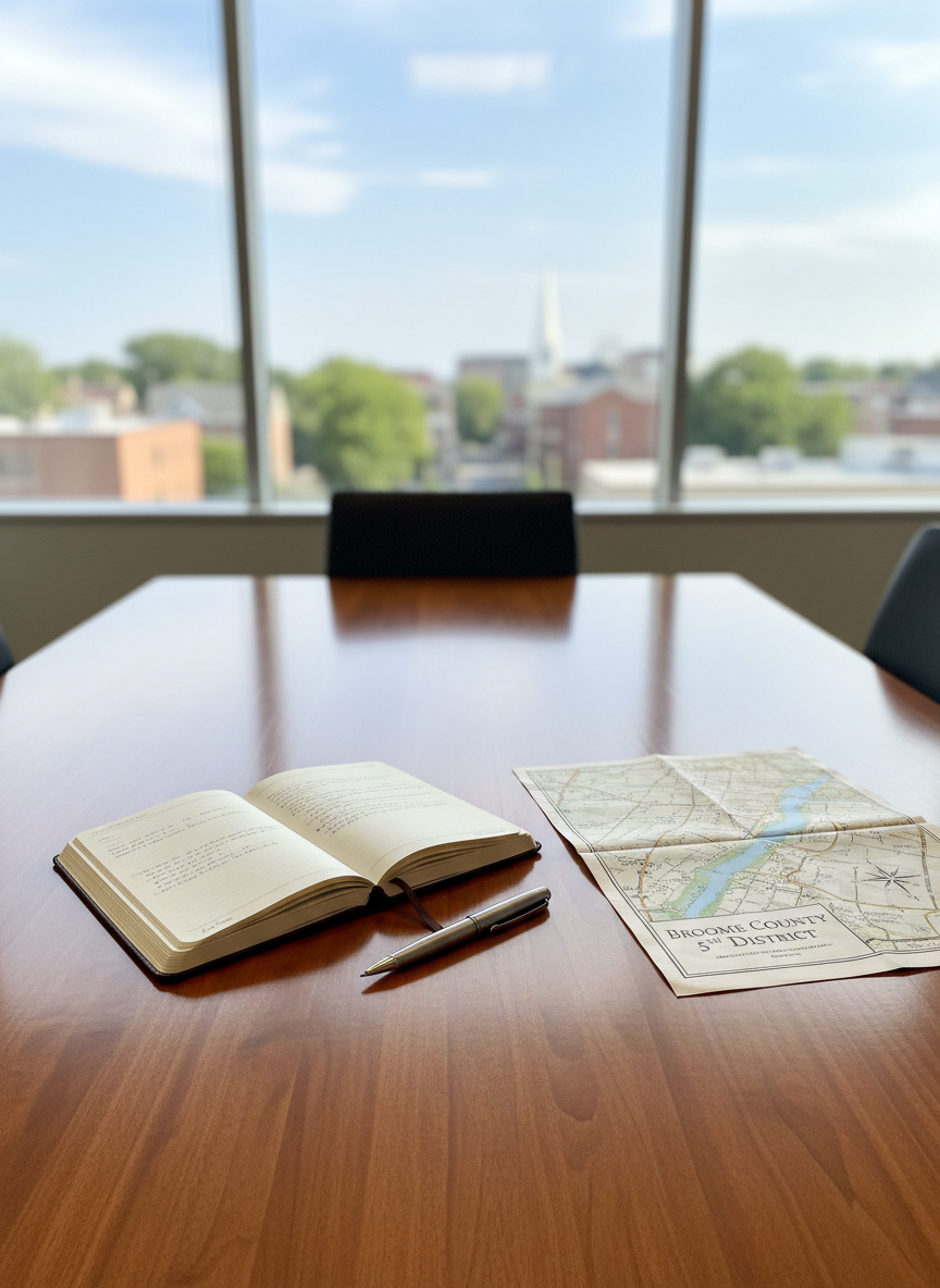 A polished wooden conference table in a bright, modern county office, neatly arranged with an open leather-bound notebook, a metal ballpoint pen, and a folded map labeled “Broome County 5th District.” Behind the table, a large window reveals a softly blurred view of a small upstate New York cityscape with trees and low buildings. Mid-morning natural light streams in, creating clean highlights on the table’s grain and gentle shadows under the stationery. Shot at eye level with a moderate depth of field, the composition feels balanced and professional. Photographic realism, with a calm, orderly, and trustworthy mood that suggests serious local governance and thoughtful planning without showing any people.