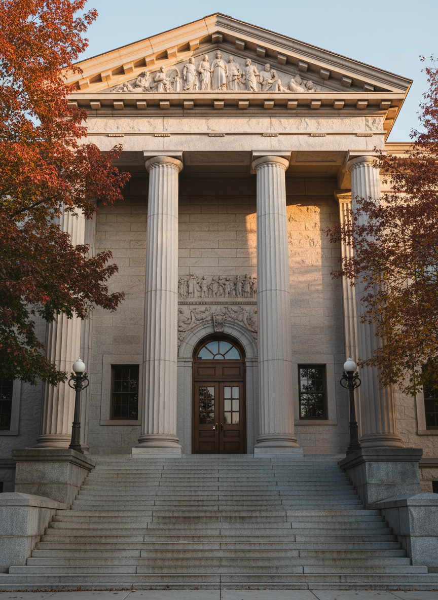 An elegant exterior shot of the Broome County Courthouse-style building, focusing on its classical architectural details: tall stone columns, ornate carvings, and wide steps leading to sturdy double doors. The building is framed by autumn trees with red and gold leaves, hinting at an upstate New York setting. Late afternoon golden-hour sunlight washes the facade in warm tones, casting long, soft shadows along the stonework and steps. The composition uses a slightly low-angle perspective to emphasize stability and civic importance, with sharp focus and natural colors. Photographic realism and a dignified, professional mood underscore the seriousness of county governance and the importance of local representation, with no people in view.